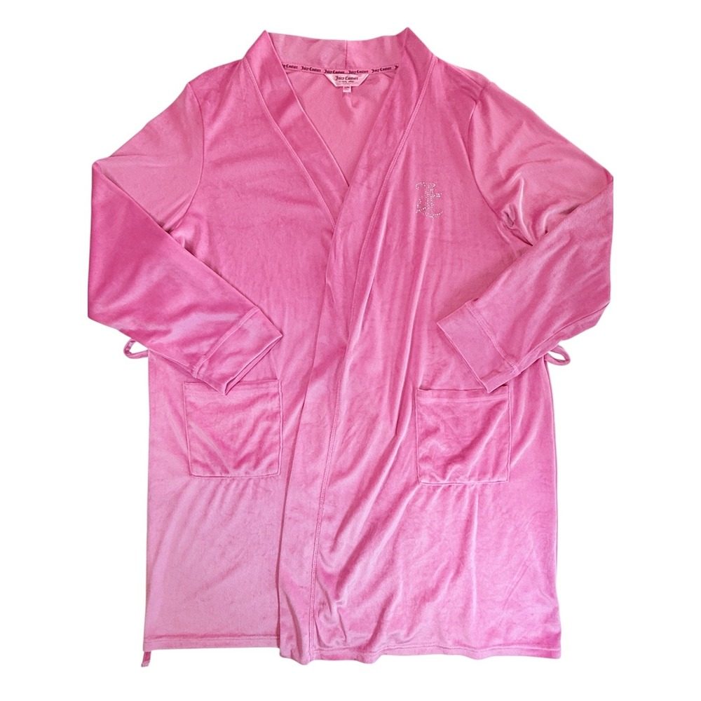 Juicy Couture Robe Womens L/XL Pink Velour‎ Rhinestone Logo Long Sleeve 9136-47